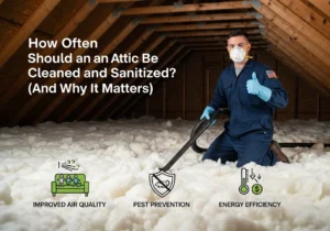 A professional technician cleaning an attic, alongside icons highlighting the benefits: improved air quality, pest prevention, and energy efficiency.