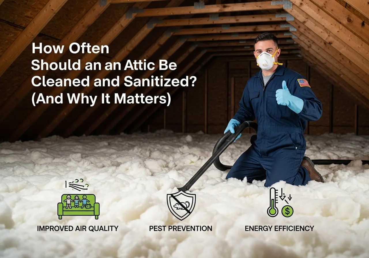 A professional technician cleaning an attic, alongside icons highlighting the benefits: improved air quality, pest prevention, and energy efficiency.