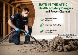 Infographic showing a professional cleaning a rat-infested attic. Icons detail dangers like biohazards and hantavirus, alongside the benefits of professional cleanup.