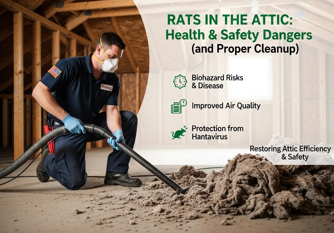 Infographic showing a professional cleaning a rat-infested attic. Icons detail dangers like biohazards and hantavirus, alongside the benefits of professional cleanup.