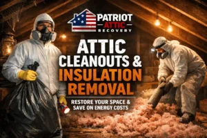 Attic cleanout and insulation removal service with professionals in protective gear cleaning attic space to improve air quality and energy efficiency