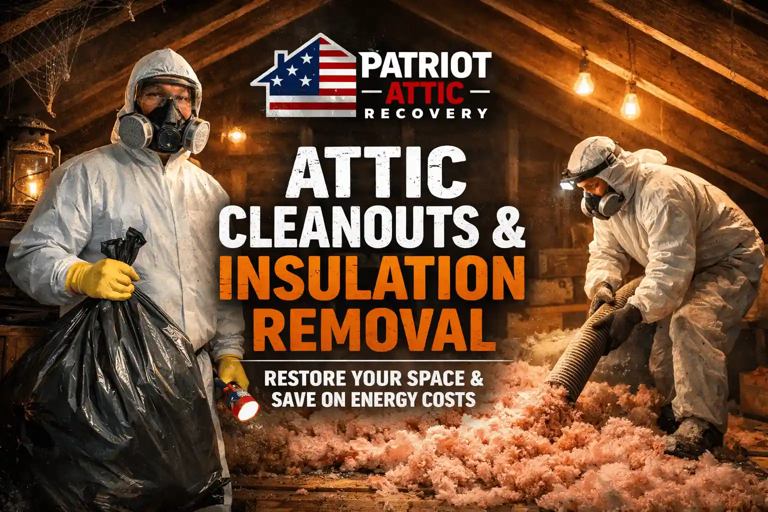 Attic cleanout and insulation removal service with professionals in protective gear cleaning attic space to improve air quality and energy efficiency