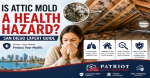 Attic with visible mold growth on wooden roof beams, a homeowner experiencing allergy symptoms, and health risk icons illustrating the dangers of attic mold in San Diego homes, including respiratory issues, moisture problems, and professional remediation solutions.