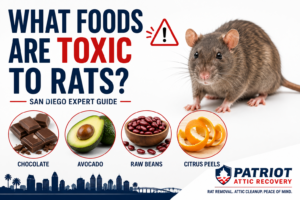 a rat alongside common foods that are toxic to rats, including chocolate, avocado, raw beans, and citrus peels, with a warning symbol and Patriot Attic Recovery branding for a San Diego pest control guide.